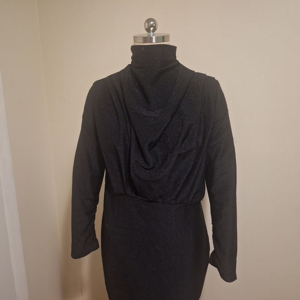 Plus Size Draped Front Mock Neck Glitter Formal Gown Black - Picture 2 of 5